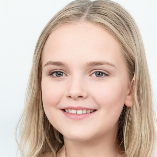 Joyful white young-adult female with long  brown hair and blue eyes