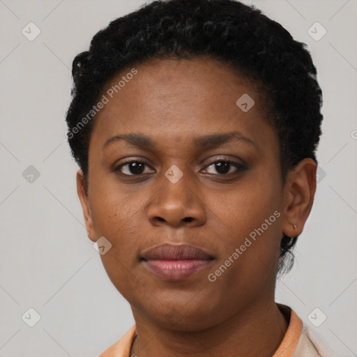 Neutral black young-adult female with short  brown hair and brown eyes