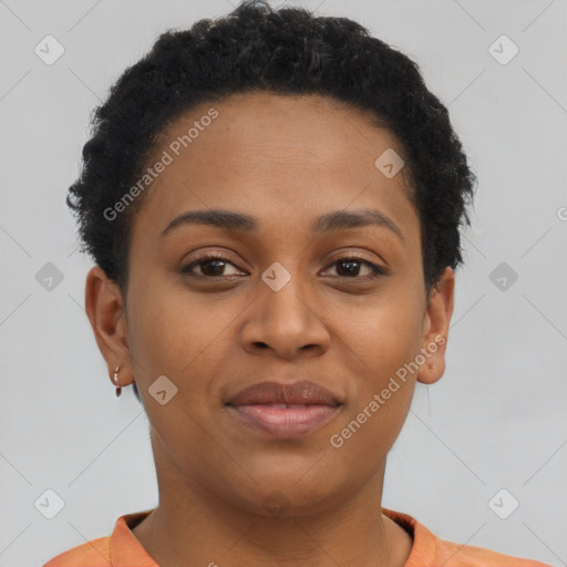 Joyful black young-adult female with short  brown hair and brown eyes