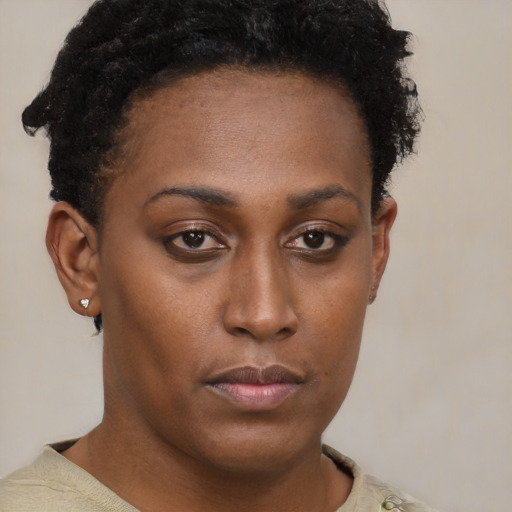 Neutral black young-adult female with short  brown hair and brown eyes