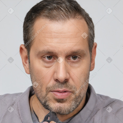 Neutral white adult male with short  brown hair and brown eyes