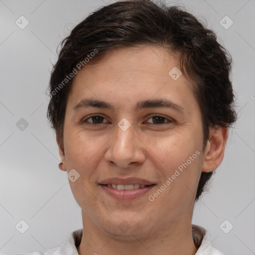 Joyful white young-adult female with short  brown hair and brown eyes