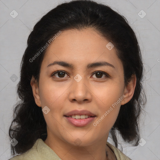 Joyful asian young-adult female with medium  brown hair and brown eyes