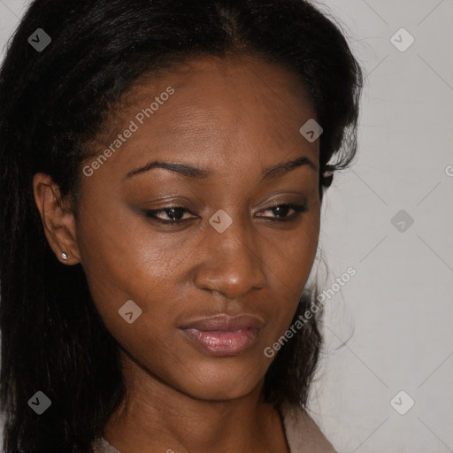 Neutral black young-adult female with medium  brown hair and brown eyes