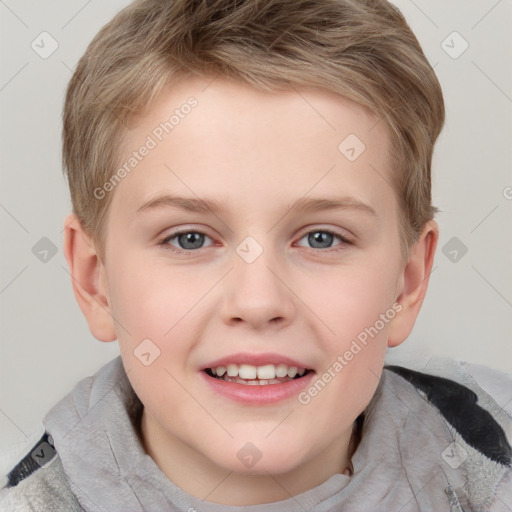 Joyful white child female with short  brown hair and grey eyes