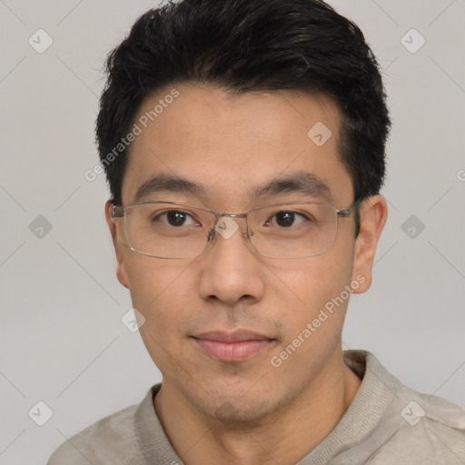 Neutral asian young-adult male with short  black hair and brown eyes