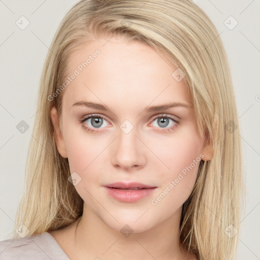 Neutral white young-adult female with long  brown hair and grey eyes