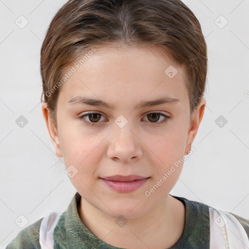 Joyful white child female with short  brown hair and brown eyes