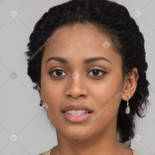 Joyful latino young-adult female with long  black hair and brown eyes