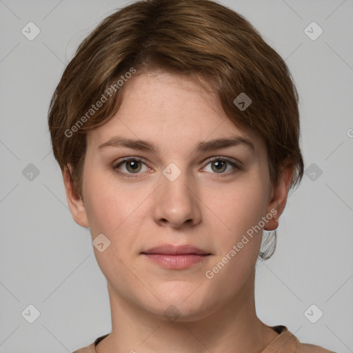 Joyful white young-adult female with short  brown hair and grey eyes