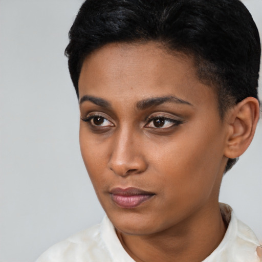 Neutral latino young-adult female with short  black hair and brown eyes
