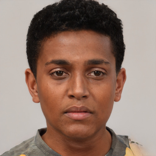 Neutral black young-adult male with short  black hair and brown eyes