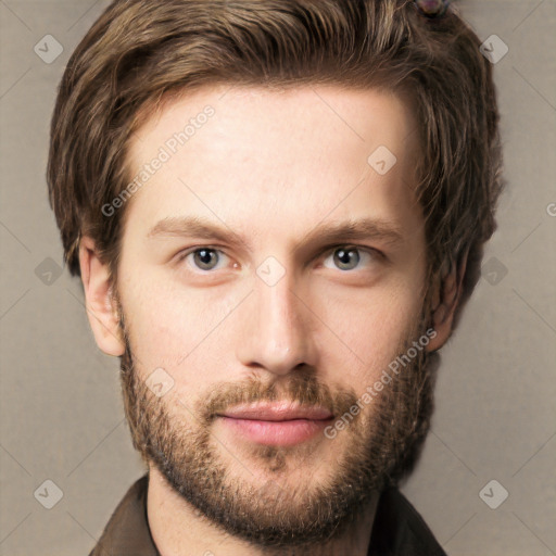 Neutral white young-adult male with short  brown hair and grey eyes