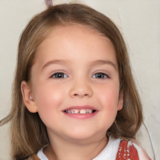 Joyful white child female with medium  brown hair and blue eyes