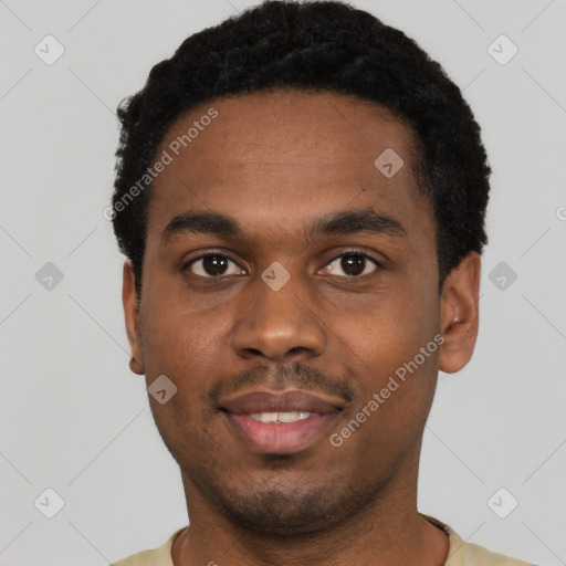 Neutral black young-adult male with short  black hair and brown eyes