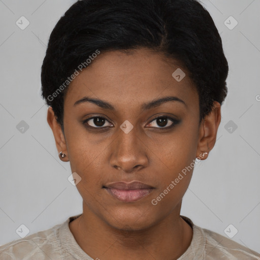 Neutral asian young-adult female with short  black hair and brown eyes