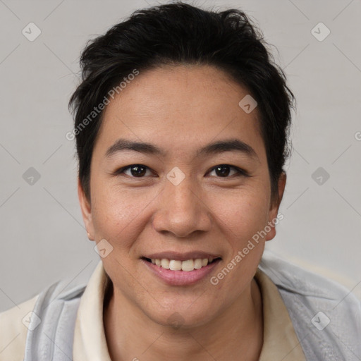 Joyful latino young-adult female with short  brown hair and brown eyes