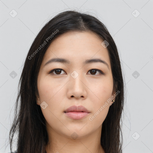 Neutral asian young-adult female with long  black hair and brown eyes