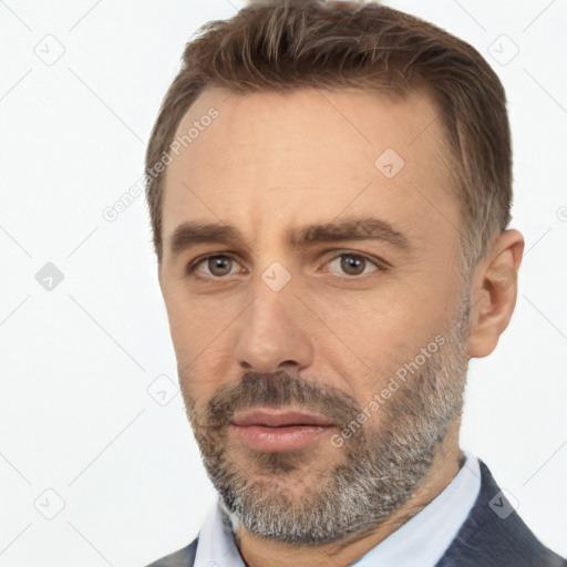 Neutral white adult male with short  brown hair and brown eyes