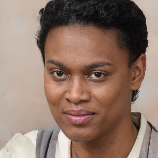 Joyful black young-adult female with short  brown hair and brown eyes