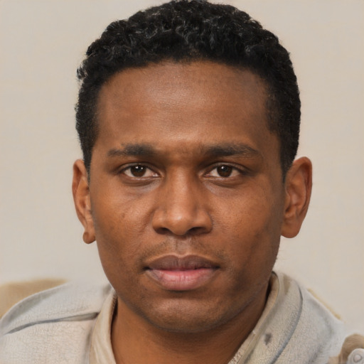 Neutral black young-adult male with short  black hair and brown eyes