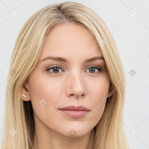 Neutral white young-adult female with long  brown hair and brown eyes