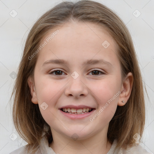 Joyful white child female with medium  brown hair and brown eyes