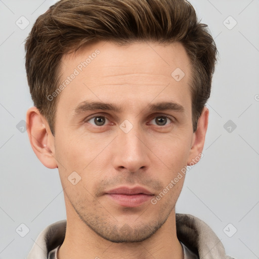 Neutral white young-adult male with short  brown hair and grey eyes