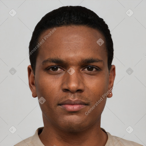 Neutral black young-adult male with short  black hair and brown eyes