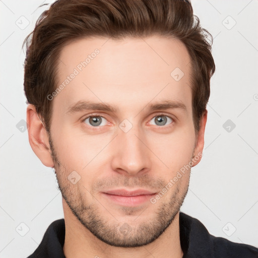 Neutral white young-adult male with short  brown hair and grey eyes