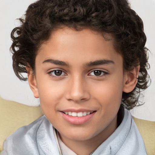 Joyful white child female with short  brown hair and brown eyes