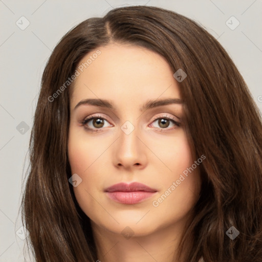 Neutral white young-adult female with long  brown hair and brown eyes