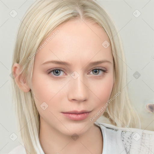 Neutral white young-adult female with medium  blond hair and blue eyes