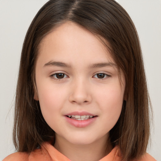 Joyful white child female with medium  brown hair and brown eyes