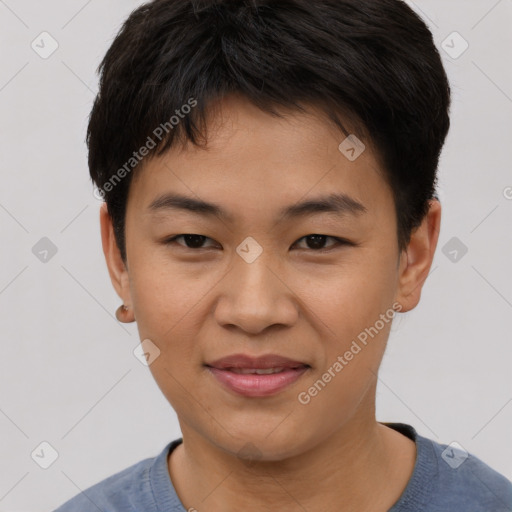 Joyful asian young-adult male with short  black hair and brown eyes