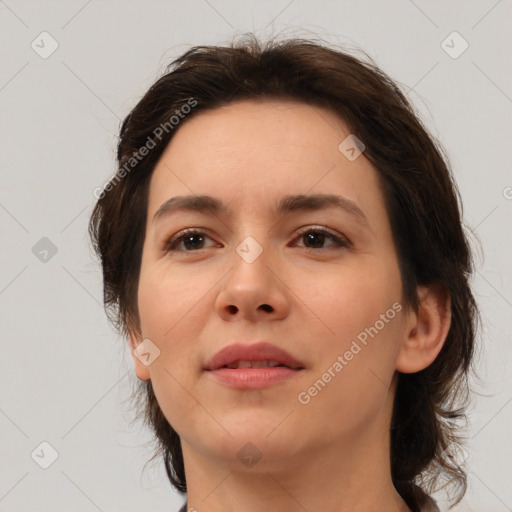 Neutral white young-adult female with medium  brown hair and brown eyes