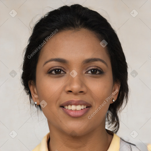 Joyful asian young-adult female with medium  black hair and brown eyes