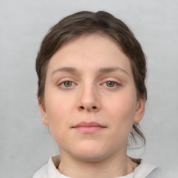 Neutral white young-adult female with short  brown hair and brown eyes