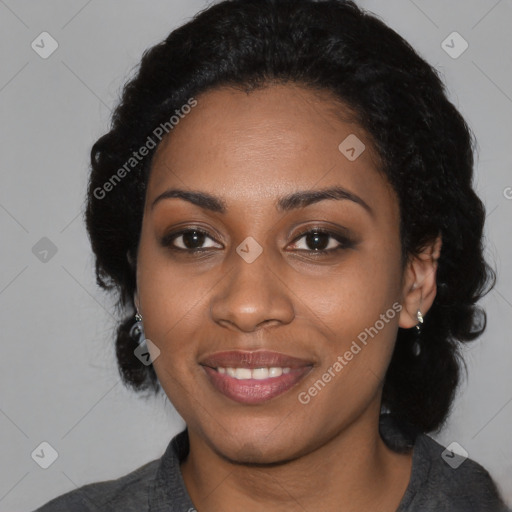 Joyful black young-adult female with medium  black hair and brown eyes