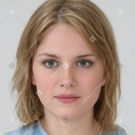 Neutral white young-adult female with medium  brown hair and blue eyes