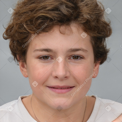 Joyful white child female with short  brown hair and brown eyes