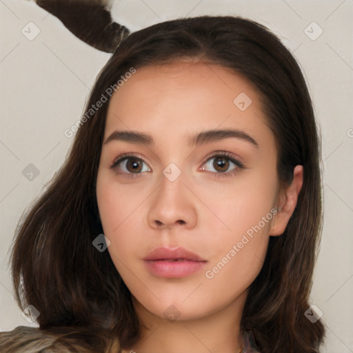 Neutral white young-adult female with long  brown hair and brown eyes