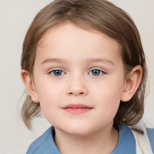 Neutral white child female with medium  brown hair and grey eyes