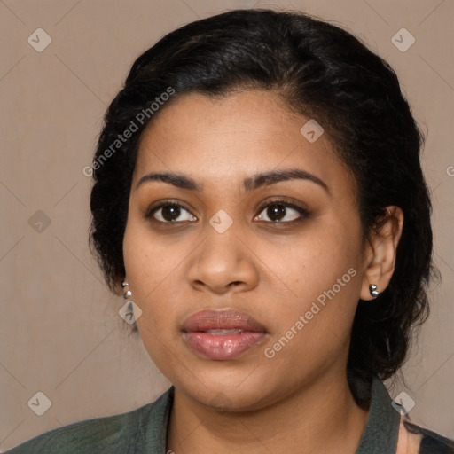 Joyful latino young-adult female with medium  black hair and brown eyes