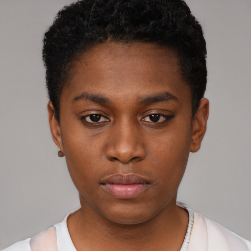 Neutral black young-adult female with short  black hair and brown eyes