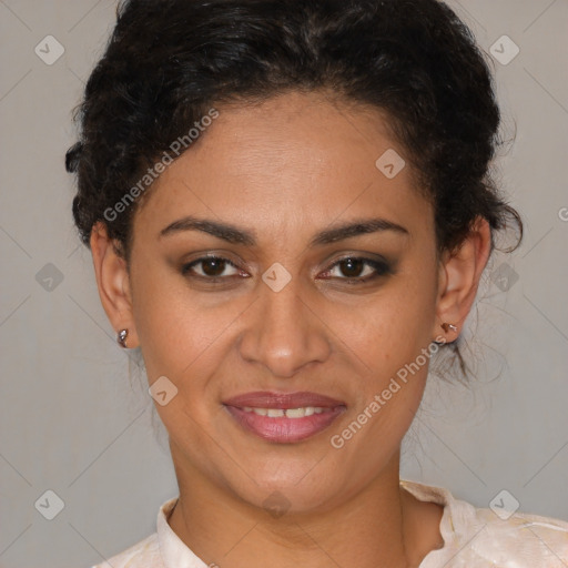 Joyful latino young-adult female with short  brown hair and brown eyes