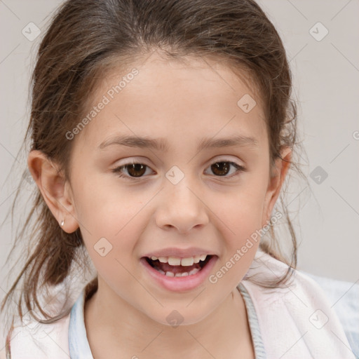 Joyful white child female with medium  brown hair and brown eyes