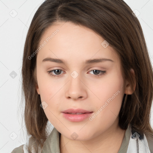 Neutral white young-adult female with medium  brown hair and brown eyes