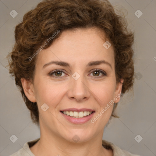 Joyful white young-adult female with medium  brown hair and green eyes