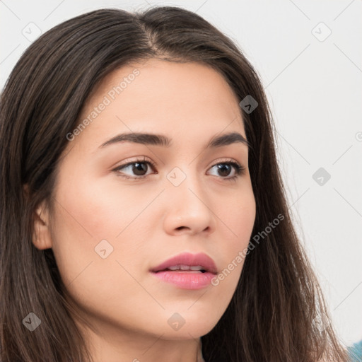 Neutral white young-adult female with long  brown hair and brown eyes